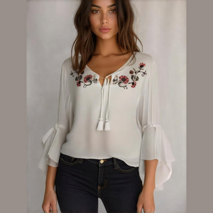 Tribal White Bell‎ Sleeve Peasant Blouse Medium